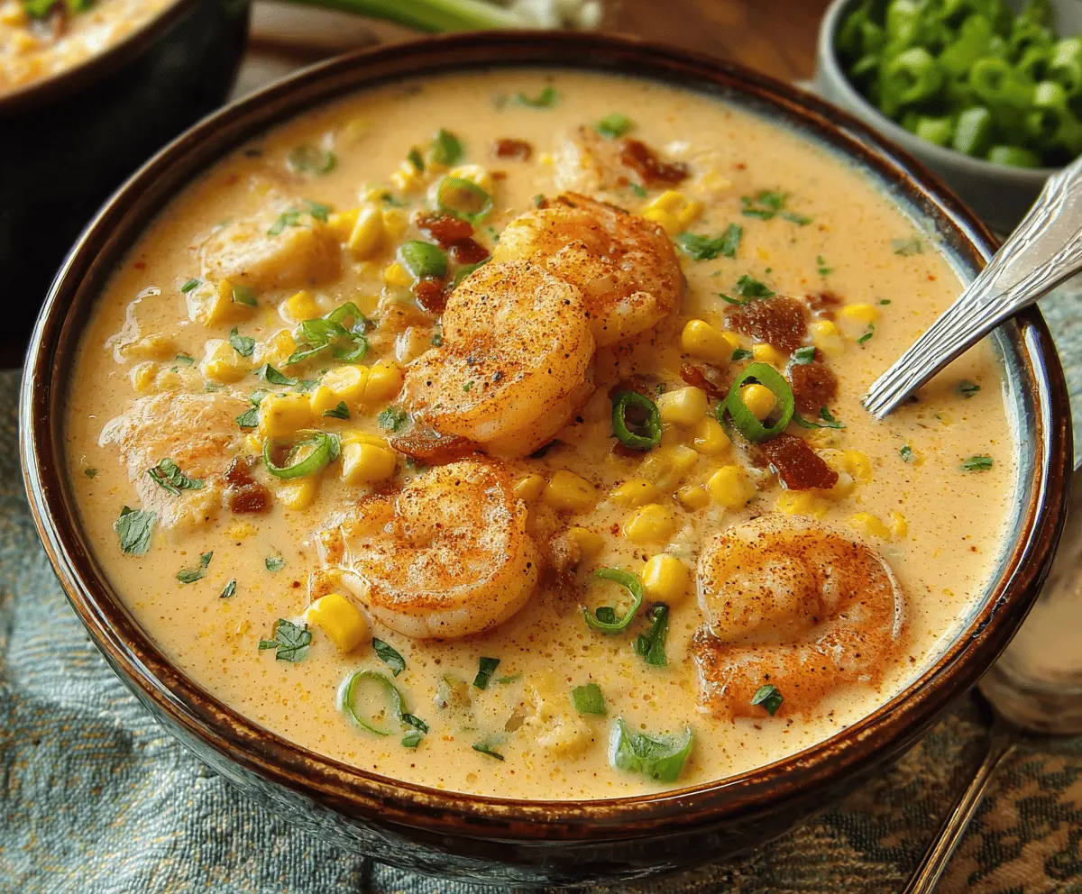 Creamy New Orleans Shrimp and Corn Bisque in a bowl with fresh herbs, showcasing a flavorful seafood and corn soup garnished with herbs and served hot.
