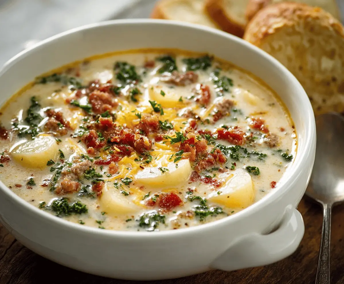 Creamy Olive Garden Potato Soup garnished with chopped herbs and crispy bacon in a white bowl on a rustic wooden table