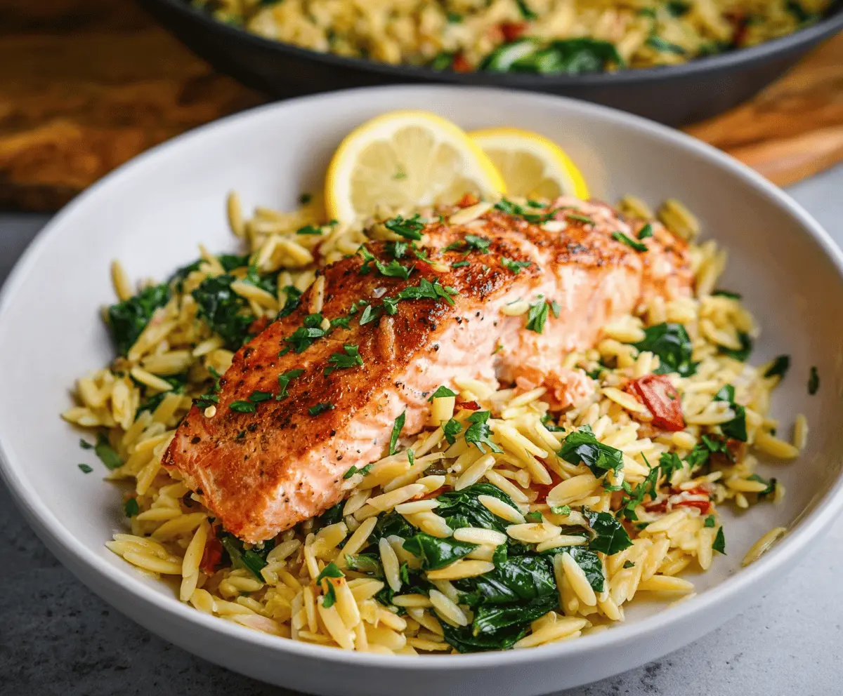 Delicious one skillet salmon with lemon orzo served on a white plate garnished with fresh herbs, perfect for a quick and flavorful seafood dinner