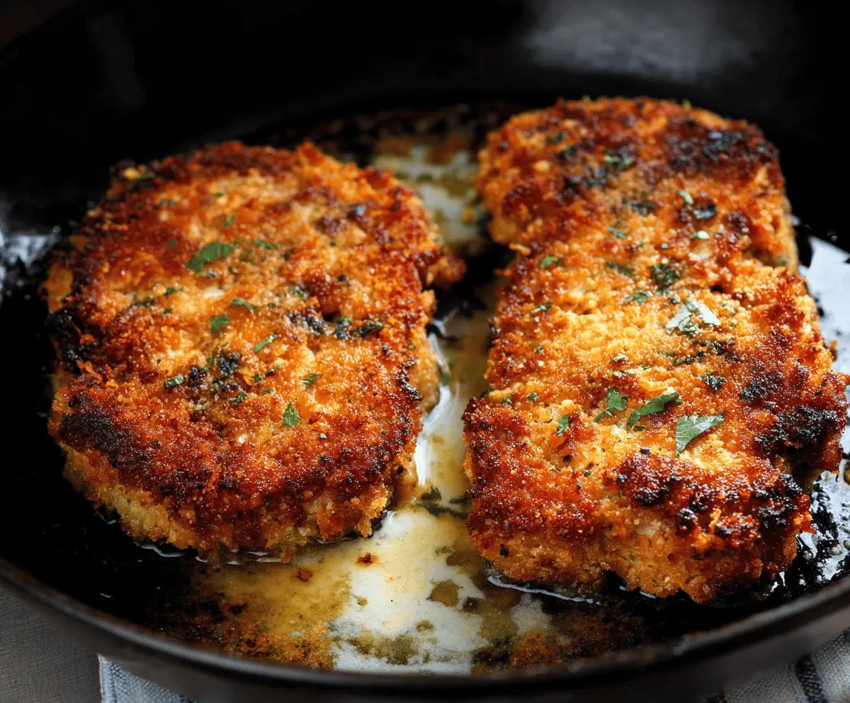 Delicious Parmesan crusted pork chops served on a plate with herbs, showcasing a crispy golden crust and tender meat perfect for a flavorful dinner.