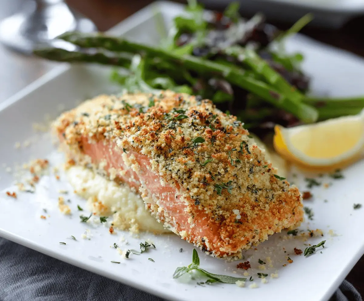 Golden baked Parmesan Crusted Salmon fillet garnished with fresh herbs on a white plate, highlighting a crispy, cheesy crust and tender salmon inside.