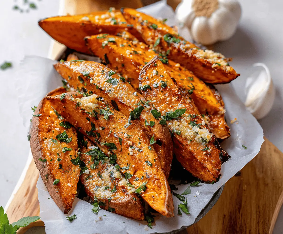 Delicious baked Parmesan garlic sweet potato wedges on a plate, garnished with fresh herbs and served as a flavorful healthy snack or side dish.