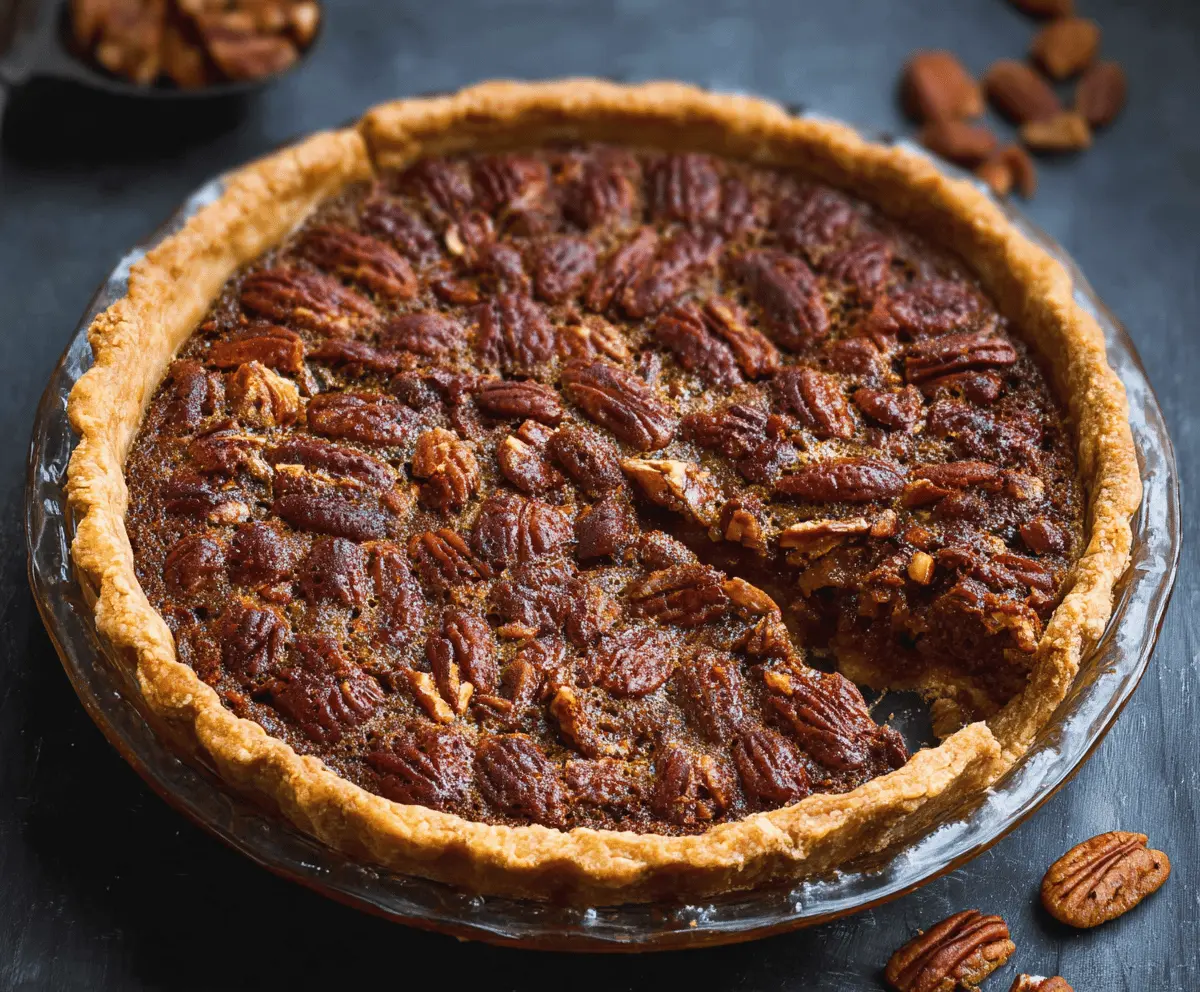 Delicious homemade pecan pie topped with glossy caramelized pecans, perfect for holiday desserts