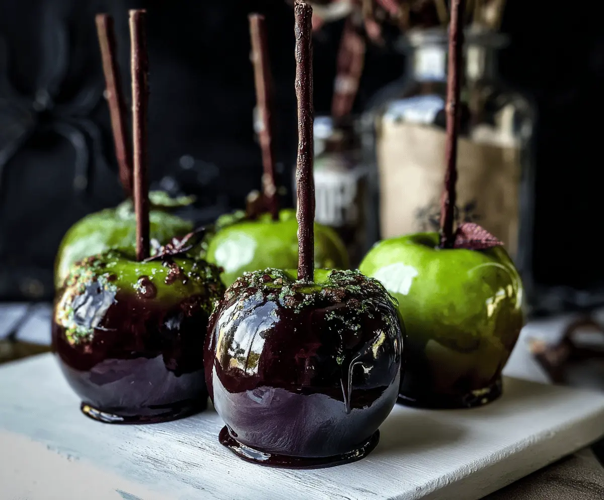 Delicious Poison Apple Caramel Apples with dark chocolate drizzle and spooky candy decorations for Halloween celebration