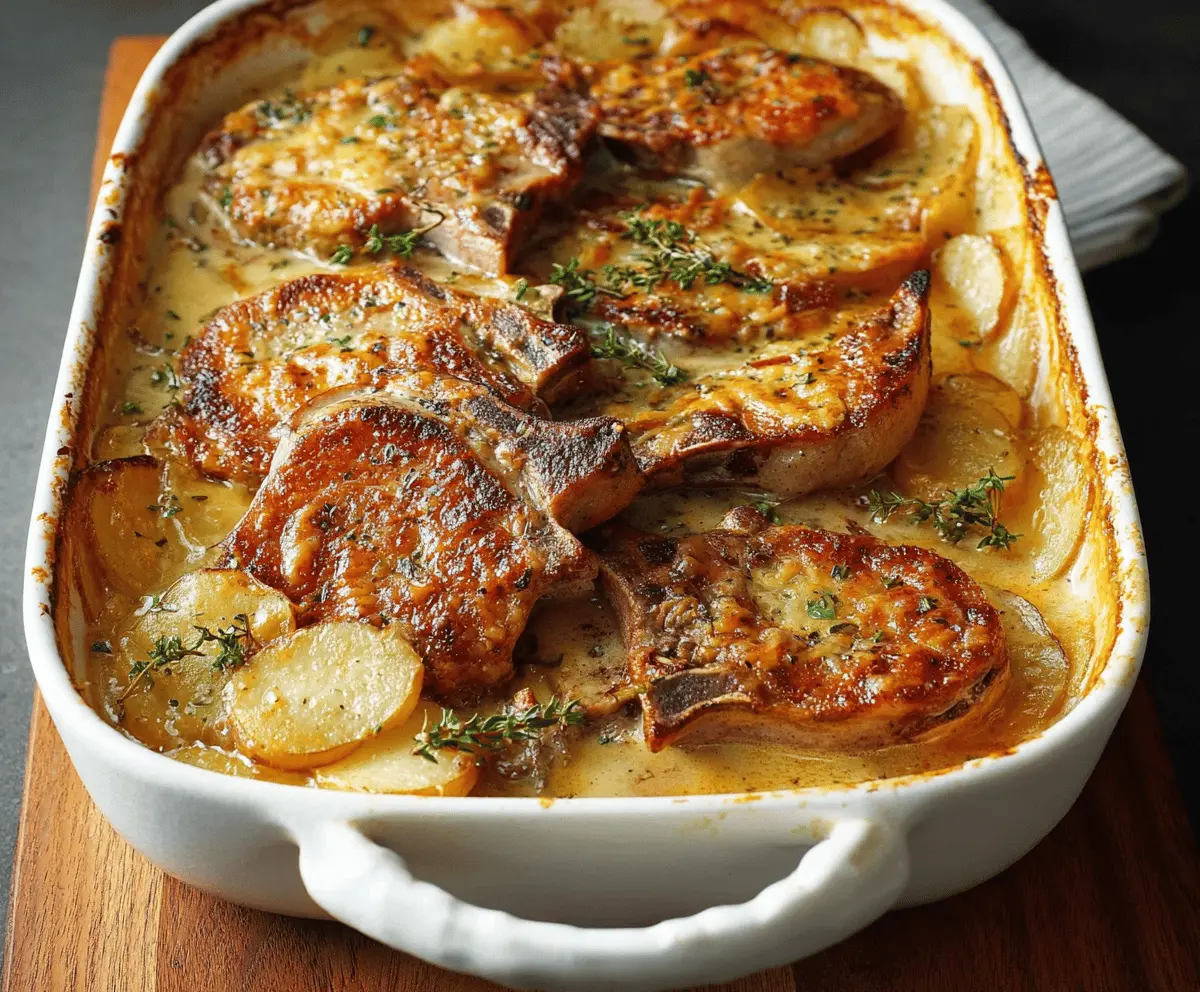 Delicious pork chops served with creamy scalloped potatoes casserole on a plate, garnished with herbs, ready to enjoy.