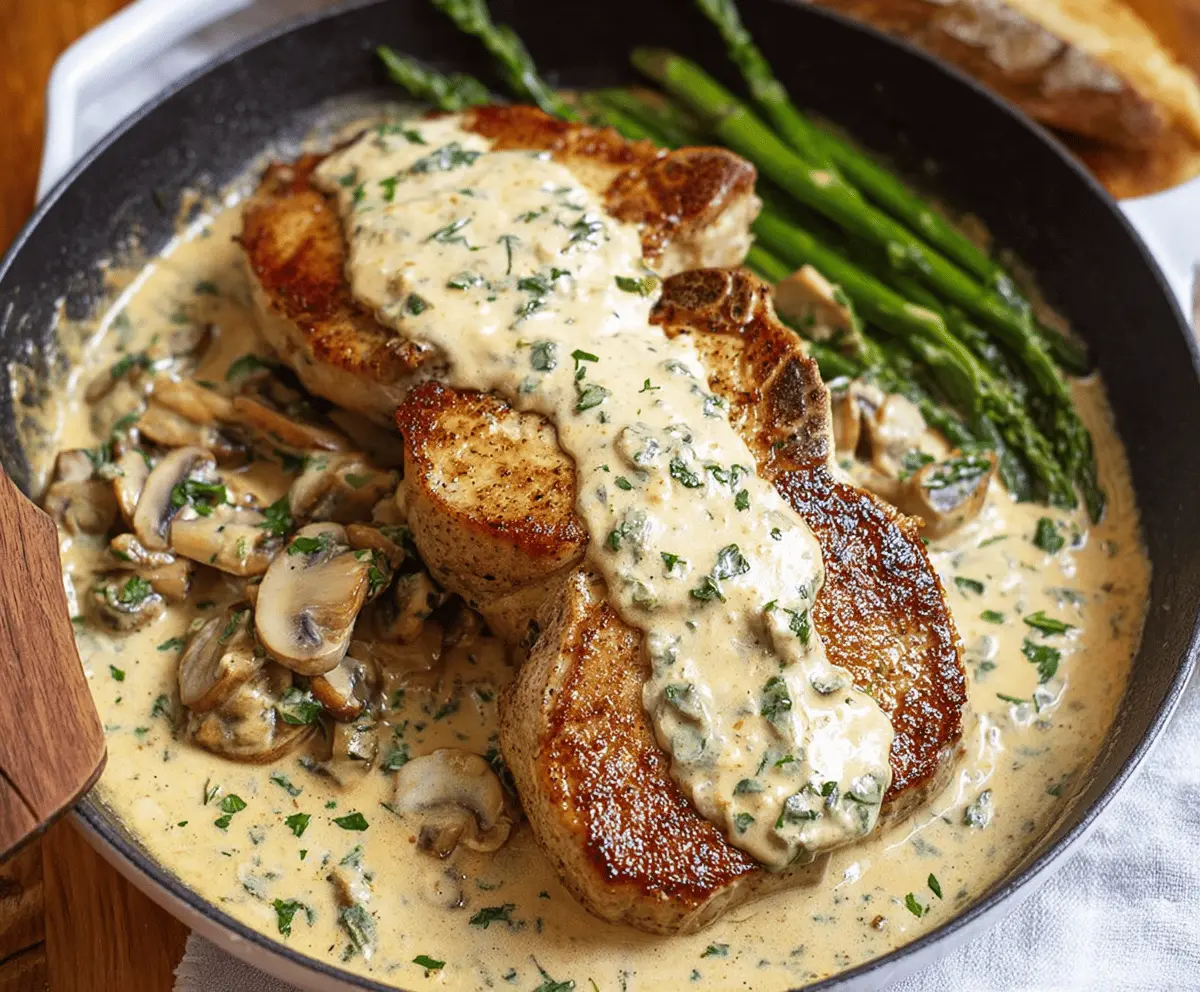 Juicy pork chops topped with rich, creamy garlic sauce served on a white plate, garnished with fresh herbs.