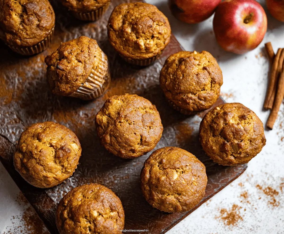 Freshly baked pumpkin apple cinnamon muffins with a golden-brown crust and a sprinkle of cinnamon on top, perfect for fall breakfast or snacks.