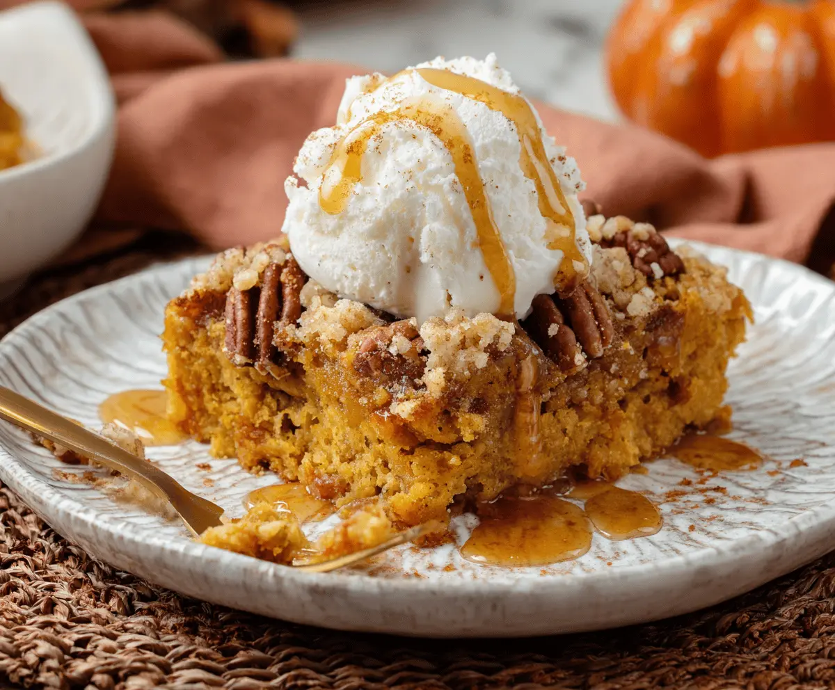 Delicious homemade Pumpkin Dump Cake topped with whipped cream, perfect for fall dessert