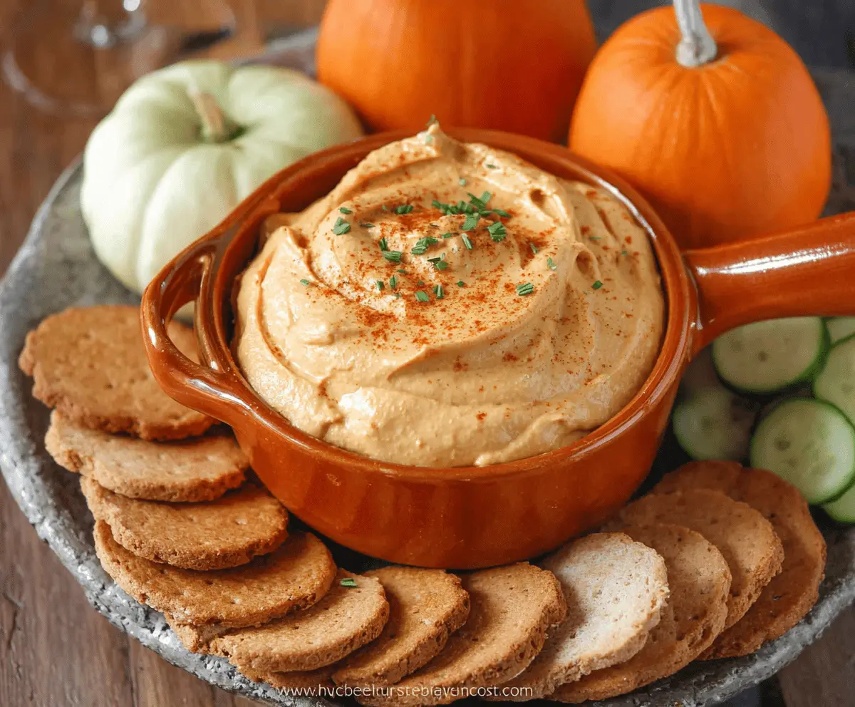 Creamy Pumpkin Mousse Dip topped with whipped cream and garnished with cinnamon, served in a glass bowl for festive fall gatherings.