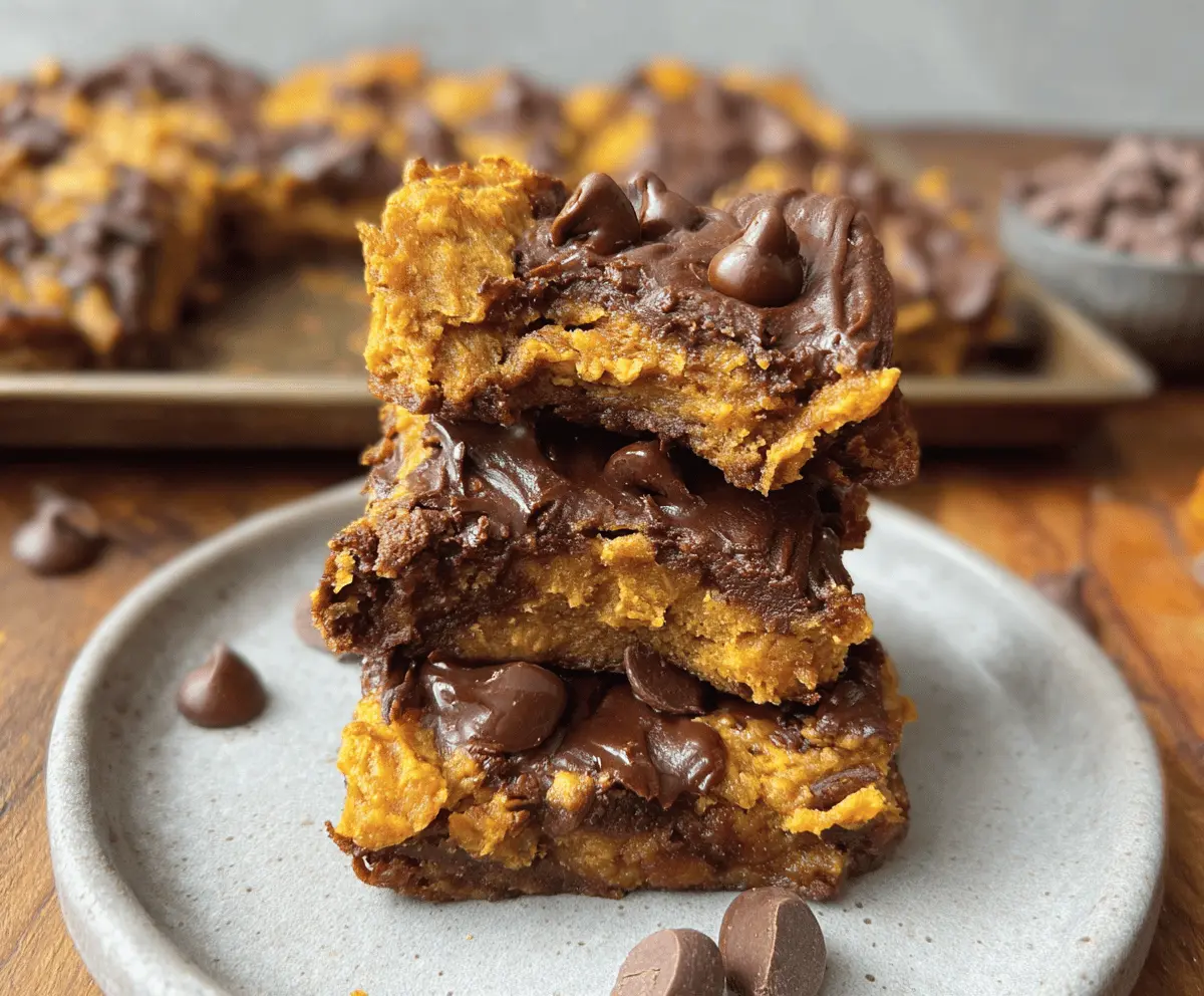 Delicious homemade Pumpkin Peanut Butter Bars topped with chocolate drizzle and chopped nuts, perfect for fall desserts.