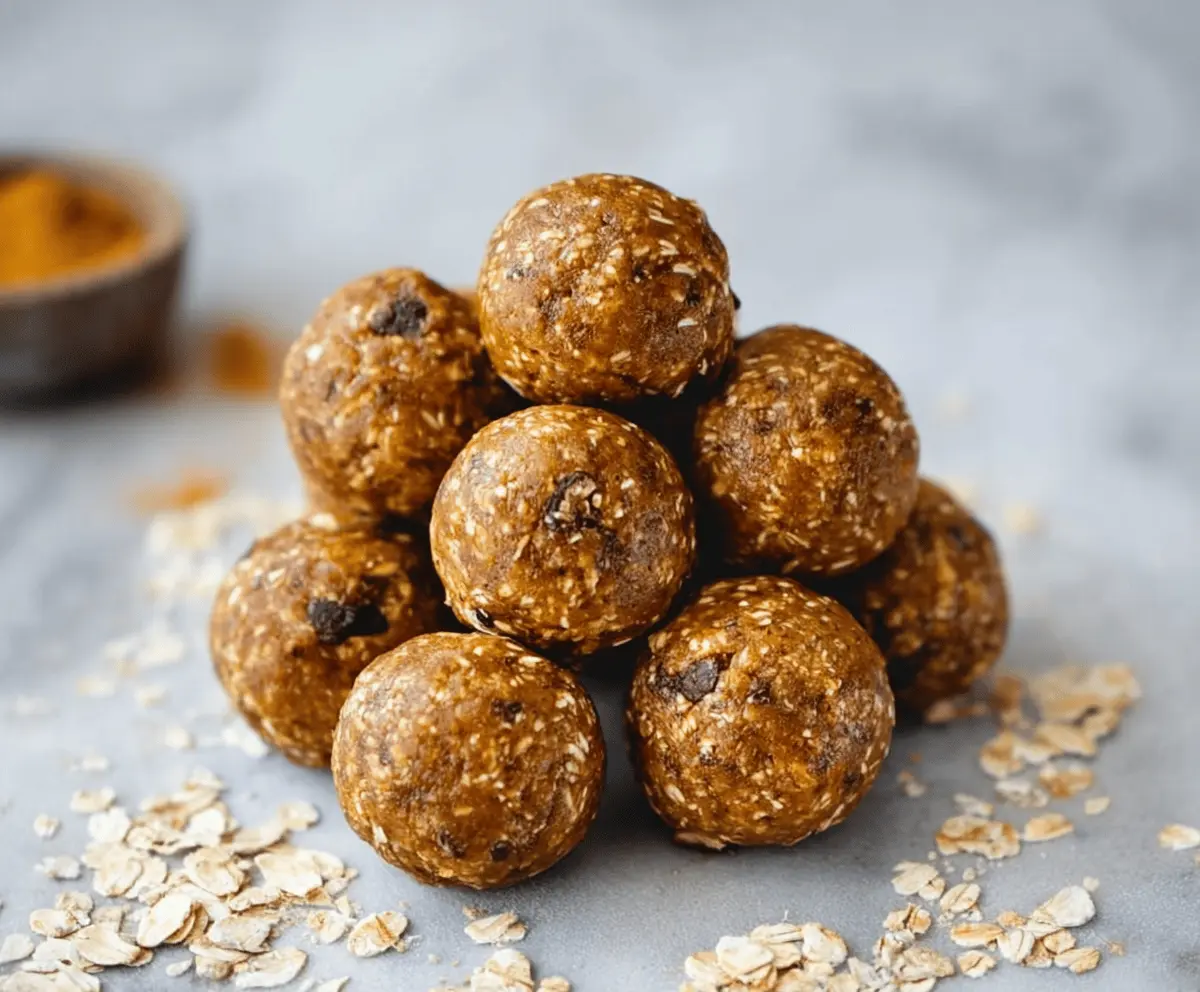 Delicious homemade Pumpkin Pie Protein Balls on a white plate, featuring a festive autumn-inspired snack with pumpkin, oats, and spices for a healthy treat.