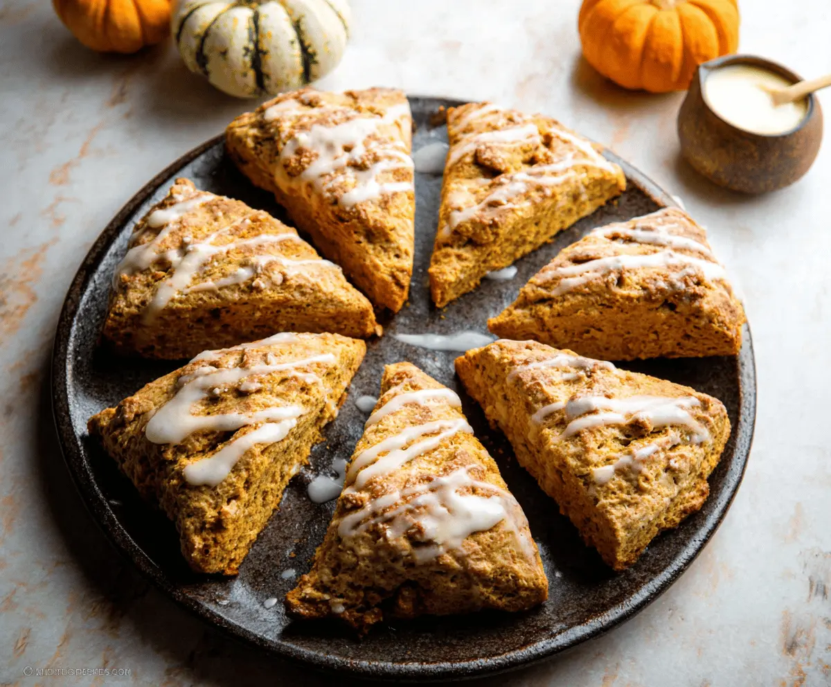 Delicious freshly baked pumpkin scones topped with a light glaze and cinnamon, perfect for fall breakfast or teatime.