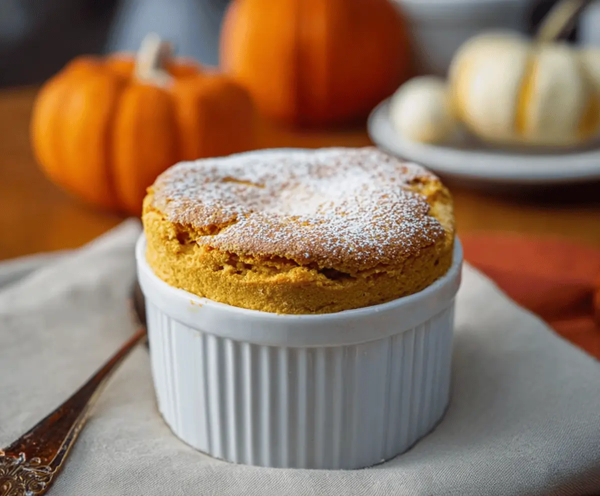 Delicious fluffy pumpkin soufflé garnished with a sprinkle of cinnamon, served in a white ramekin, perfect for fall desserts.