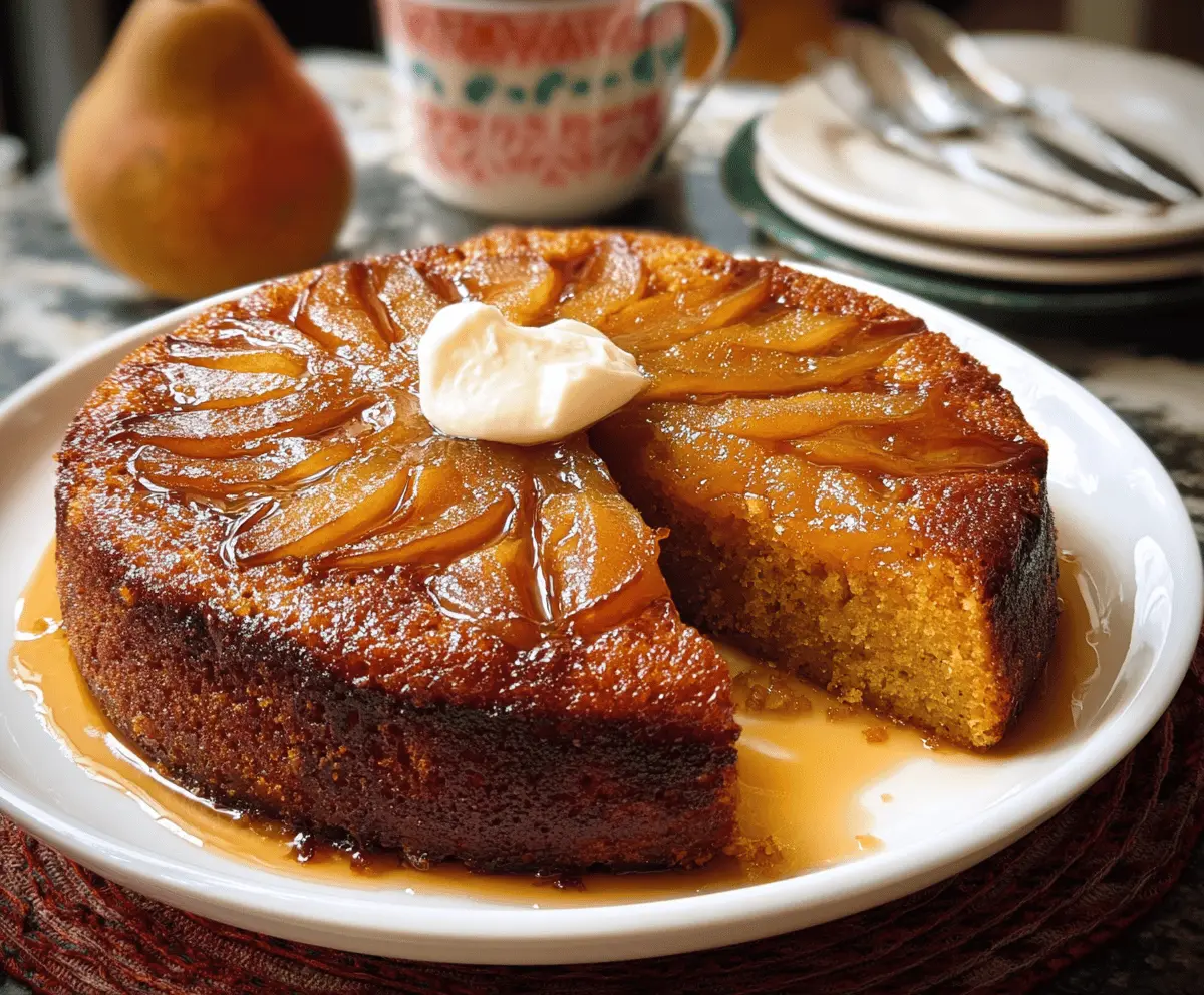 Delicious Pumpkin Upside Down Cake topped with caramelized pumpkin slices and whipped cream, perfect for fall desserts.