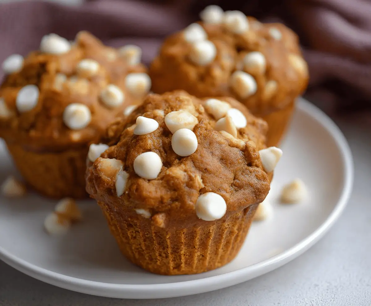Delicious pumpkin white chocolate chip muffins fresh out of the oven, featuring a moist pumpkin base and creamy white chocolate chips, perfect for fall baking.