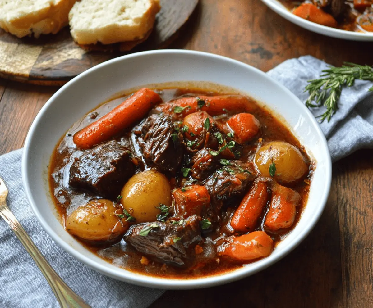 Hearty red wine beef stew with tender beef chunks, carrots, and potatoes served in a rustic bowl.