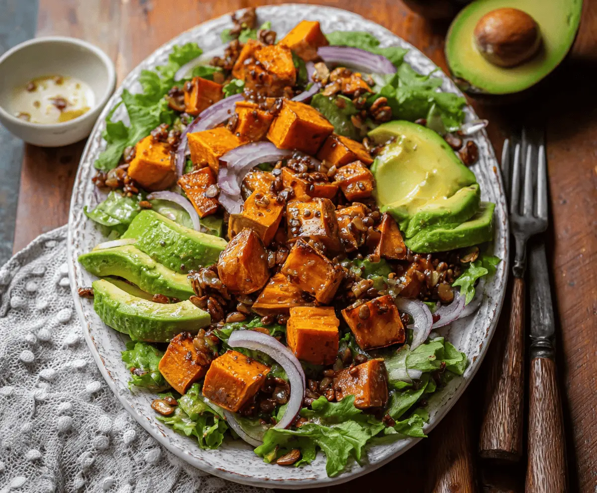 Fresh roasted sweet potato and creamy avocado salad with herbs on a white plate.