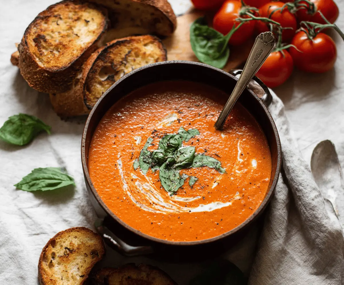 Creamy roasted tomato basil soup served in a bowl garnished with fresh basil leaves, perfect for a comforting and flavorful meal.