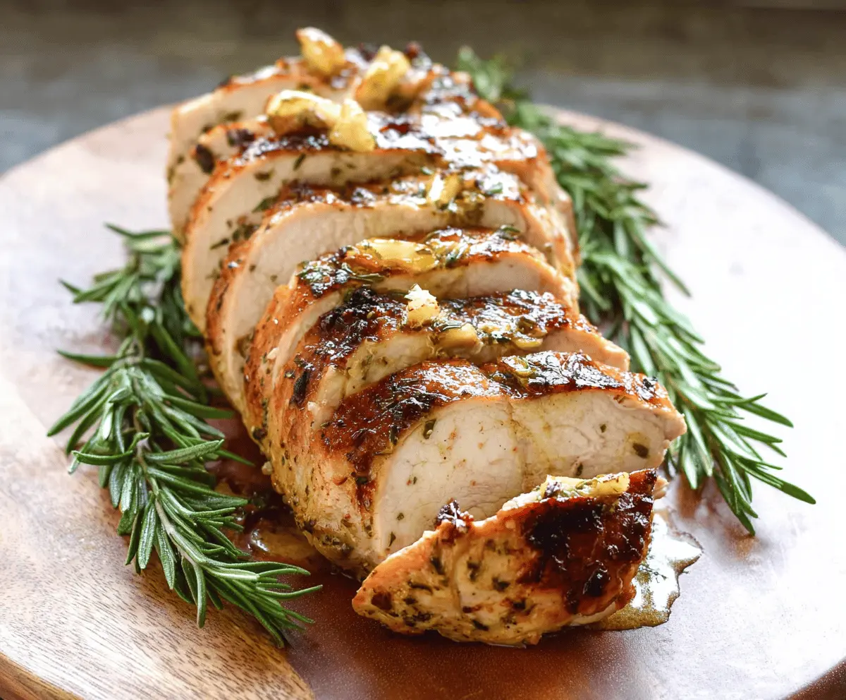 Juicy rosemary garlic turkey breast roasted to perfection on a platter.