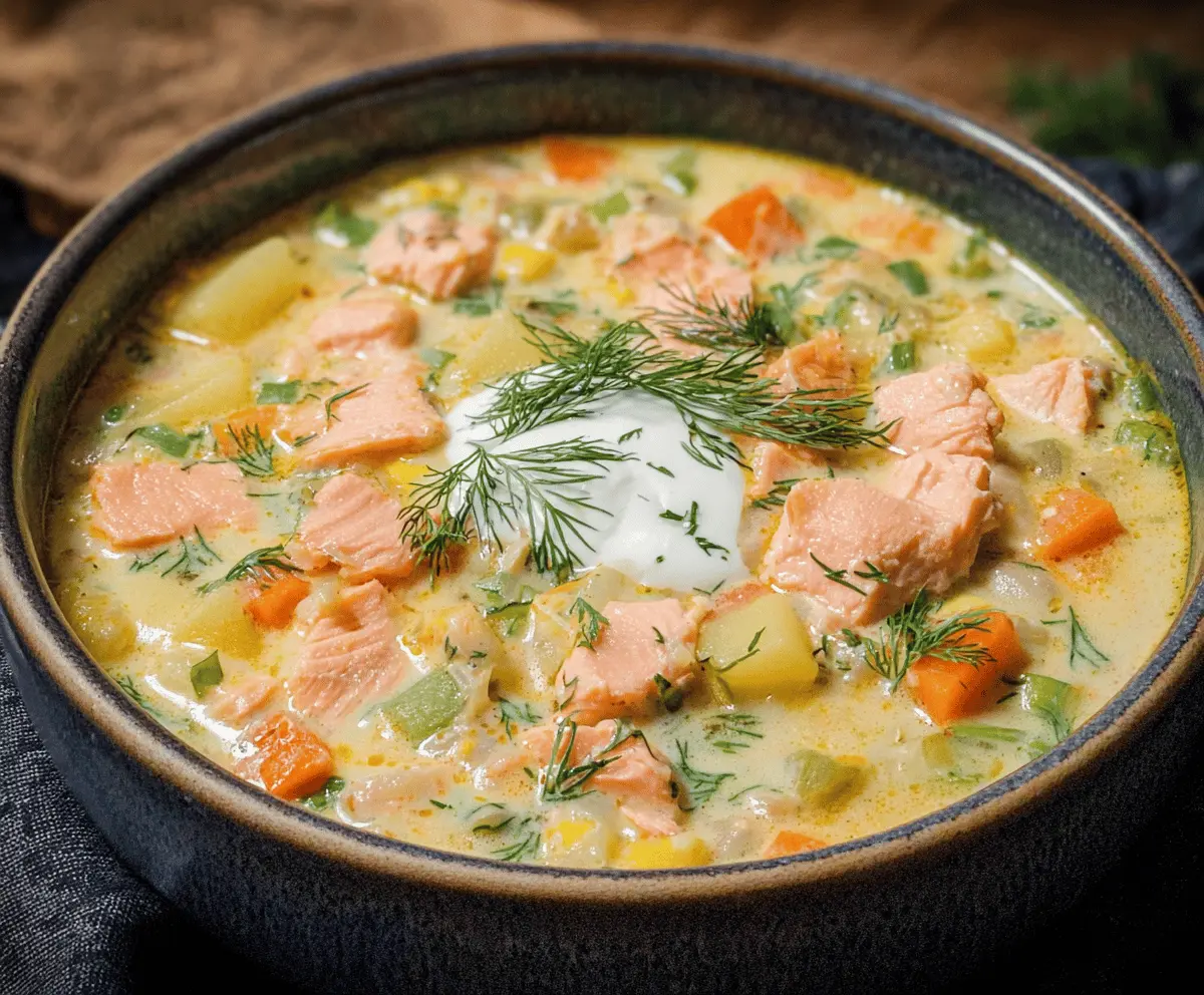 Creamy salmon chowder soup with fresh salmon pieces, diced vegetables, and herbs in a bowl, perfect for a hearty and flavorful meal.