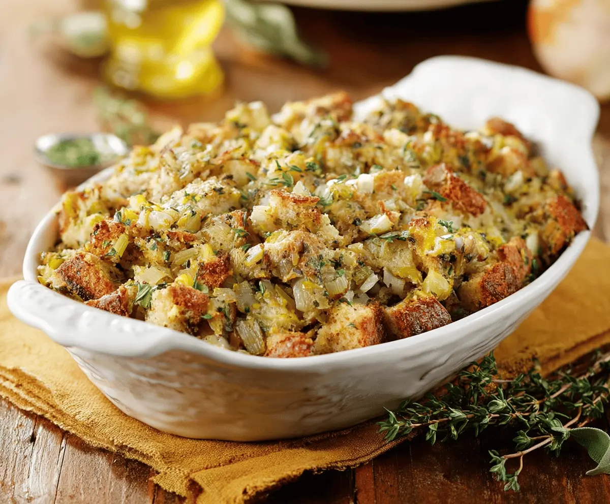Savory herb stuffing in a serving dish, garnished with fresh herbs, perfect for holiday dinners.