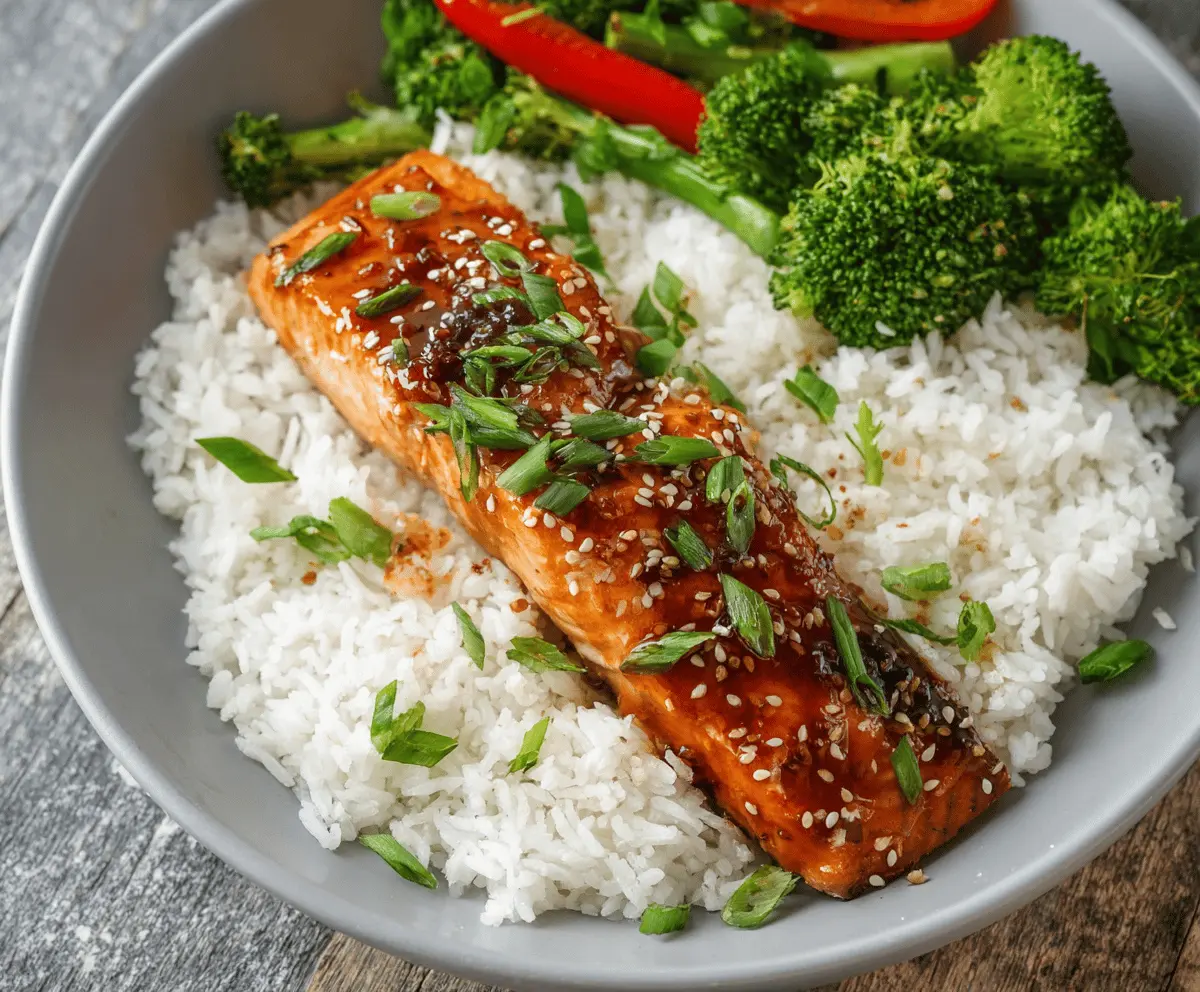 Delicious savory teriyaki salmon fillet served with steamed vegetables on a plate.