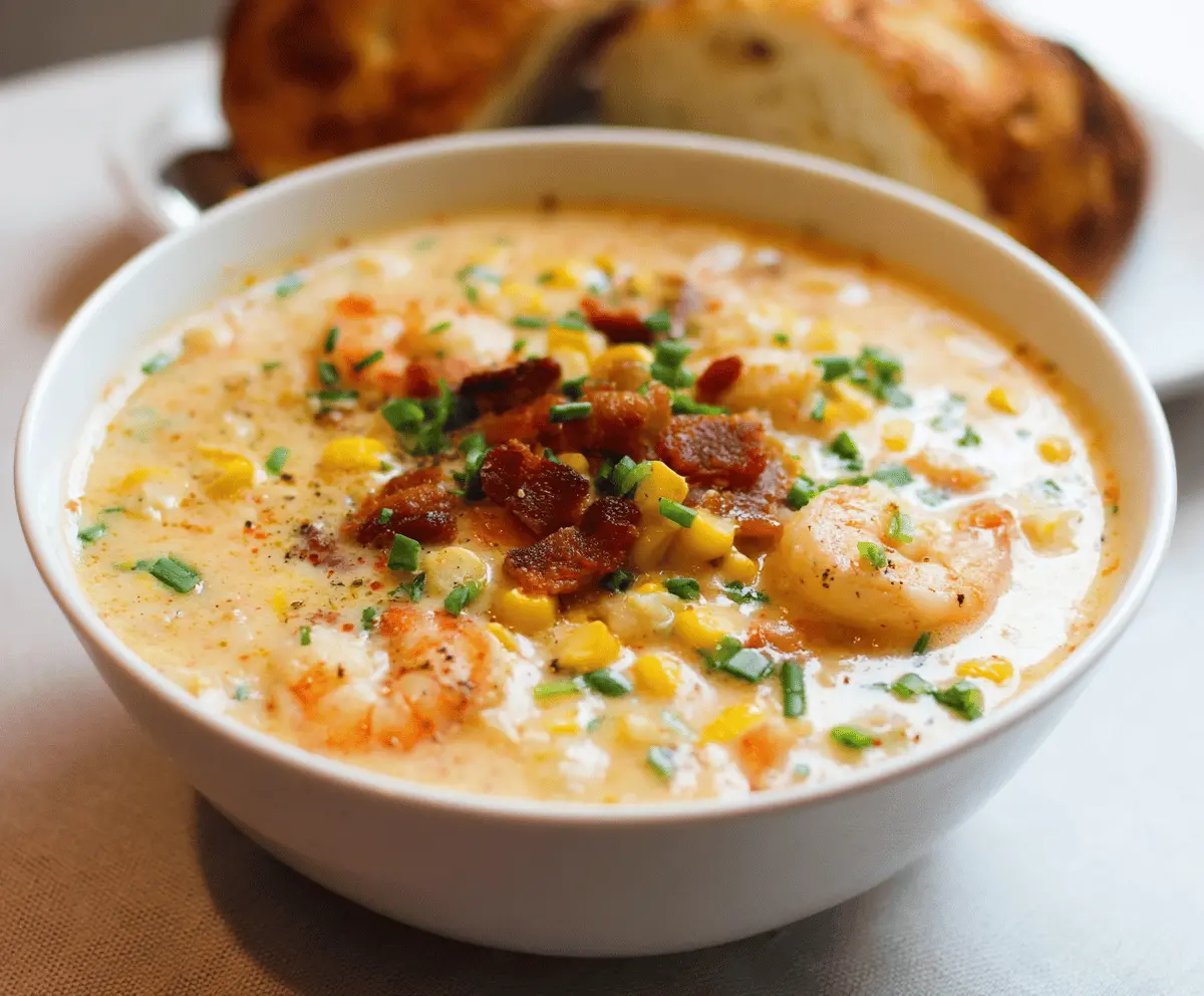 Creamy shrimp and corn chowder in a bowl topped with fresh herbs, featuring tender shrimp, sweet corn, and diced vegetables in a rich broth.