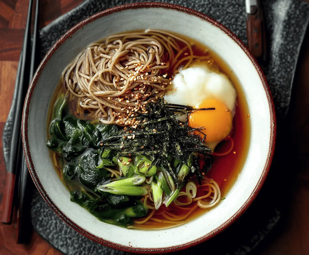 A steaming bowl of savory soba noodle soup garnished with green onions, seaweed, and sliced vegetables in a clear broth.