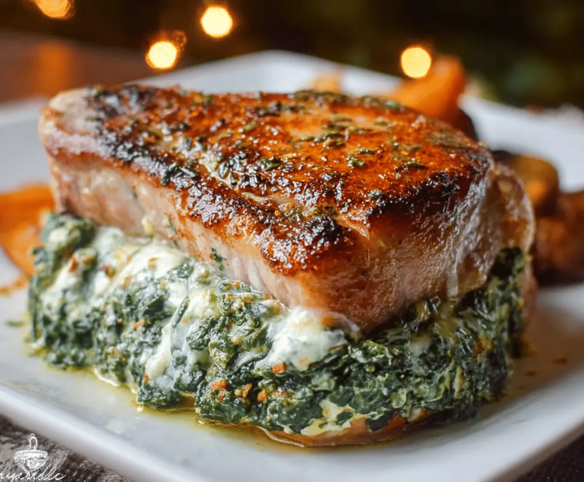 Juicy pork chops stuffed with fresh spinach and melted cheese, served on a plate for a delicious Spinach and Cheese Stuffed Pork Chops recipe