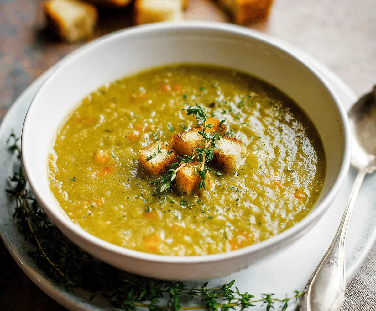 Creamy split pea soup garnished with fresh herbs and served in a bowl, highlighting a comforting and nutritious vegetarian dish.