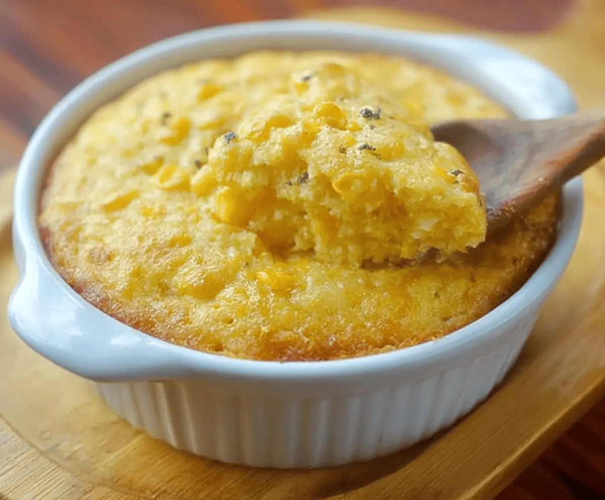 Delicious sweet corn pudding served in a bowl with fresh ingredients.