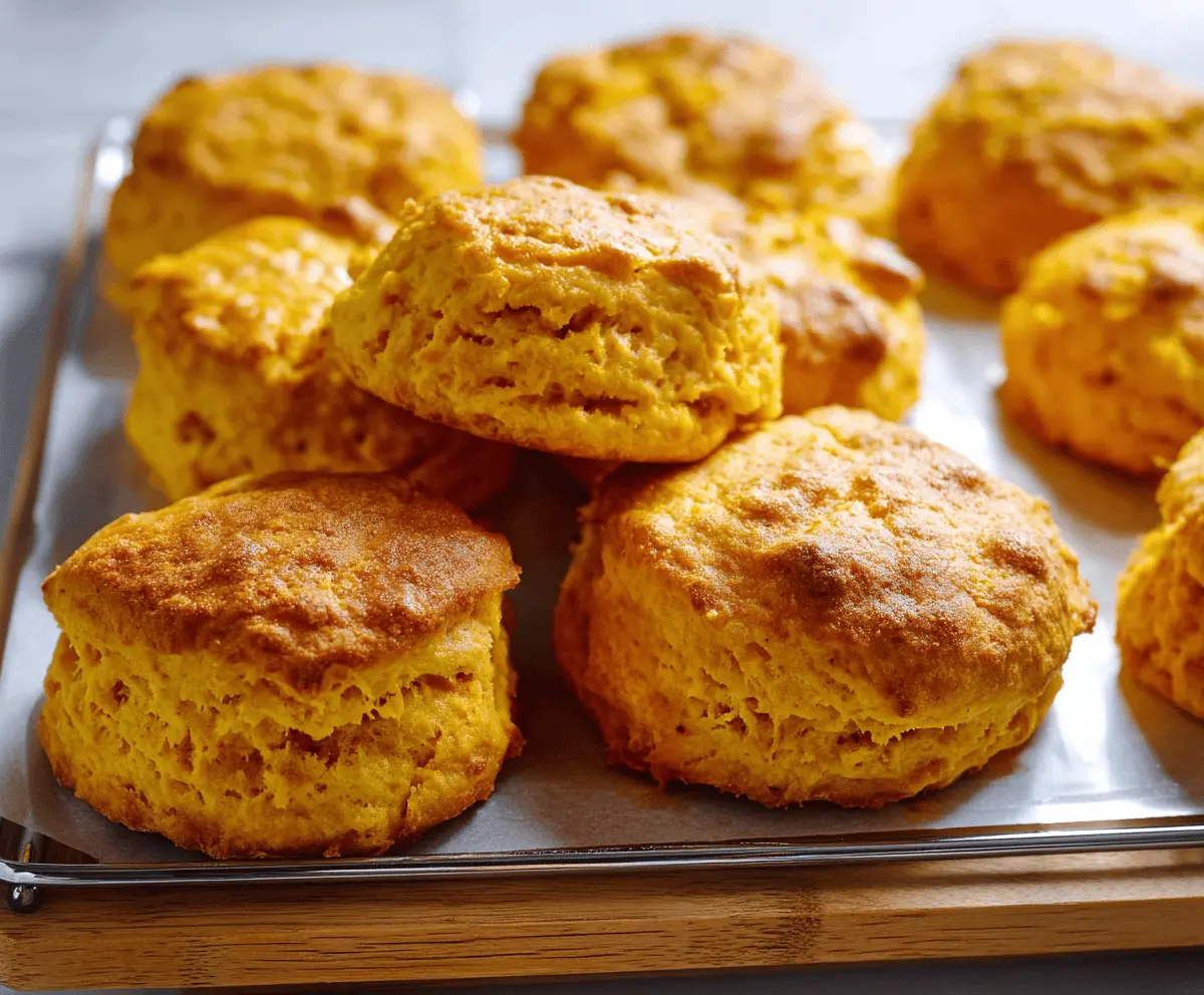 Golden, flaky sweet potato biscuits fresh out of the oven, showcasing a warm, orange hue and buttery texture perfect for breakfast or snacking