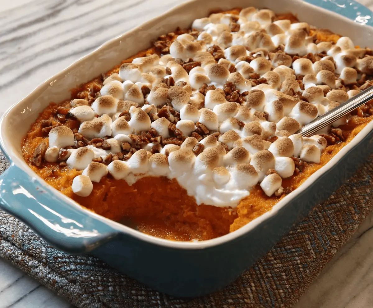 Delicious sweet potato casserole topped with marshmallows and pecans, ready to serve as a comforting holiday side dish.