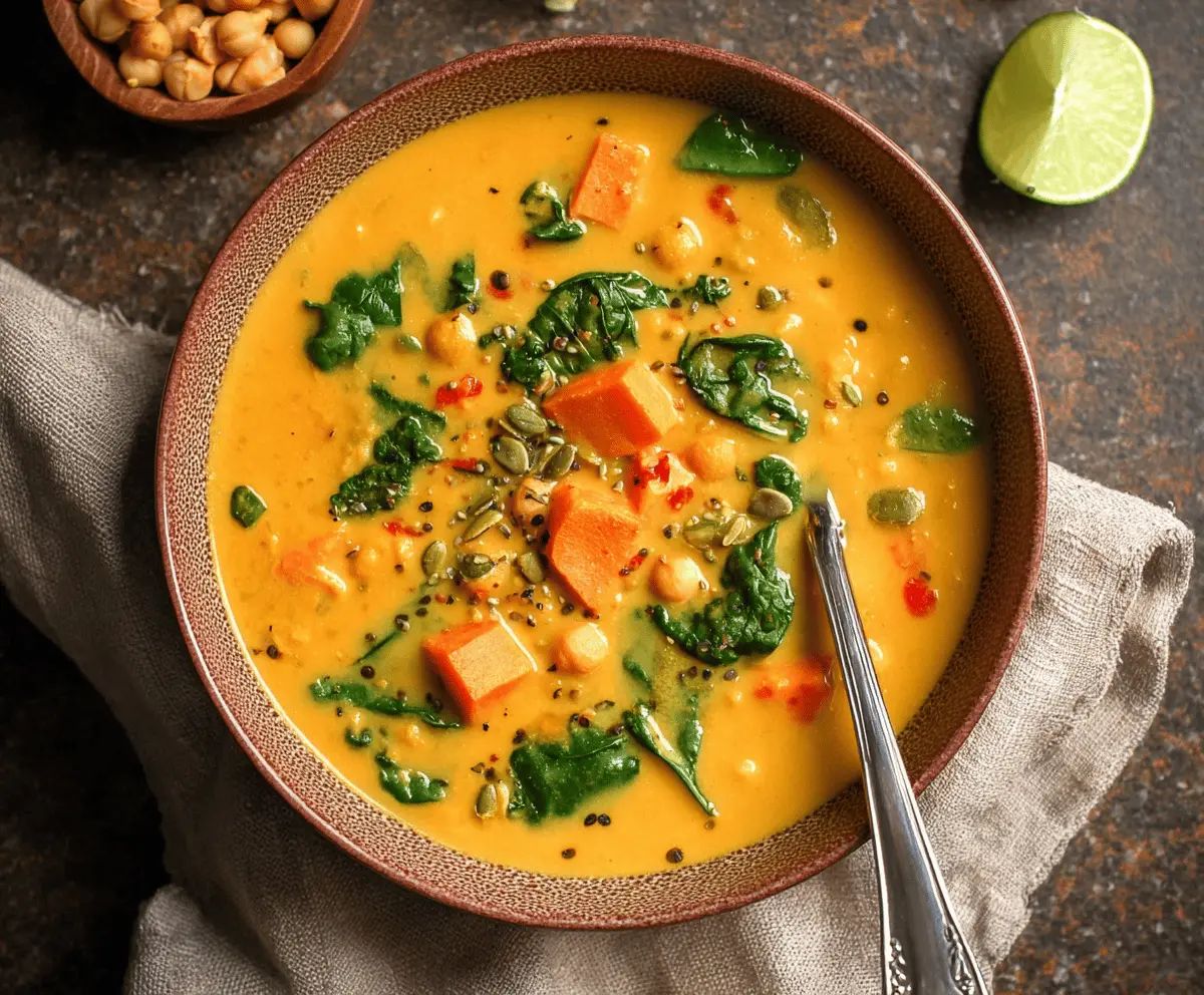 Creamy sweet potato curry soup garnished with fresh cilantro in a rustic bowl, featuring vibrant orange color and flavorful spices.
