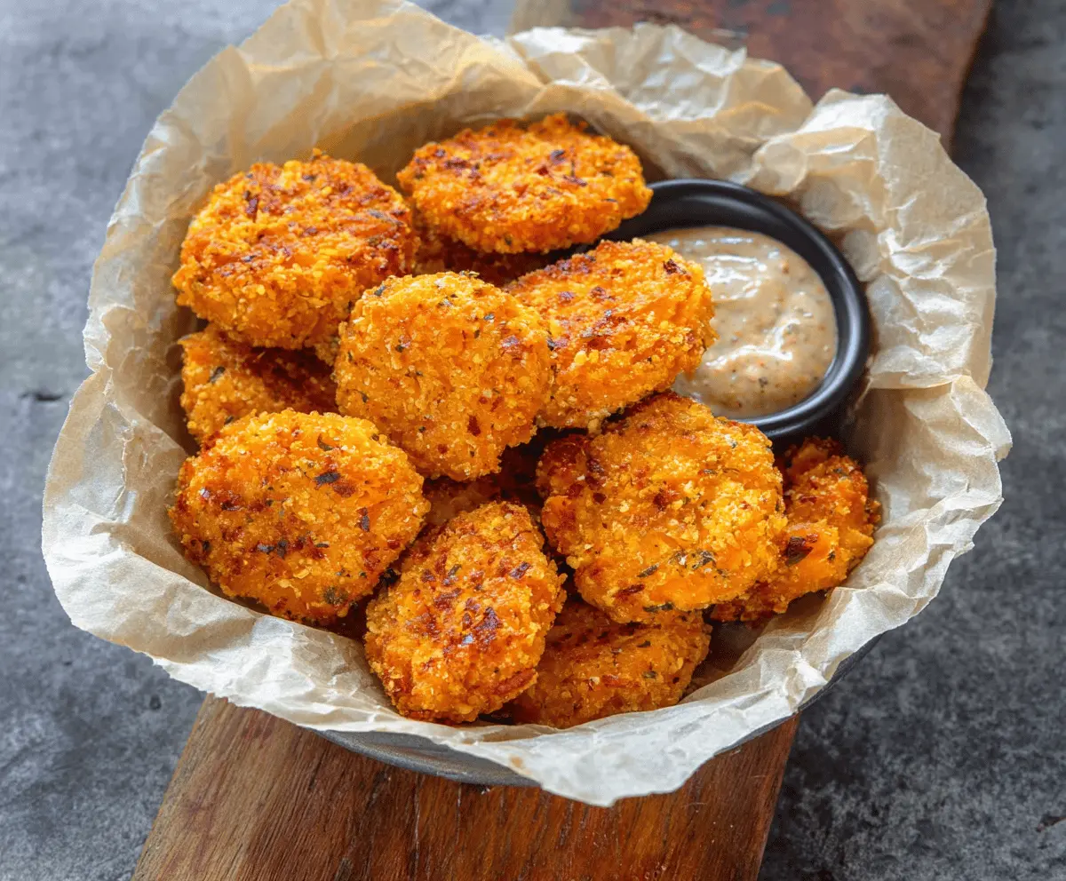 Golden baked sweet potato nuggets served with a side of fresh dipping sauce, perfect for a healthy snack or appetizer.