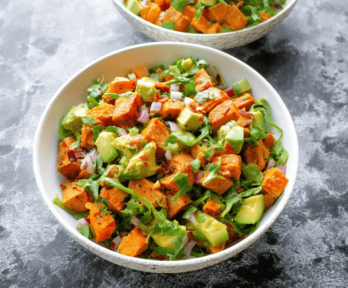 Colorful sweet potato salad with creamy avocado, fresh herbs, and vibrant vegetables served in a bowl