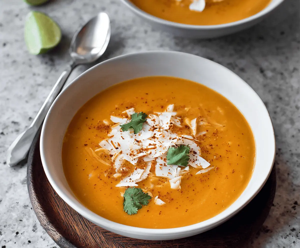 Creamy sweet potato soup with coconut milk garnished with fresh herbs in a bowl on a rustic wooden table