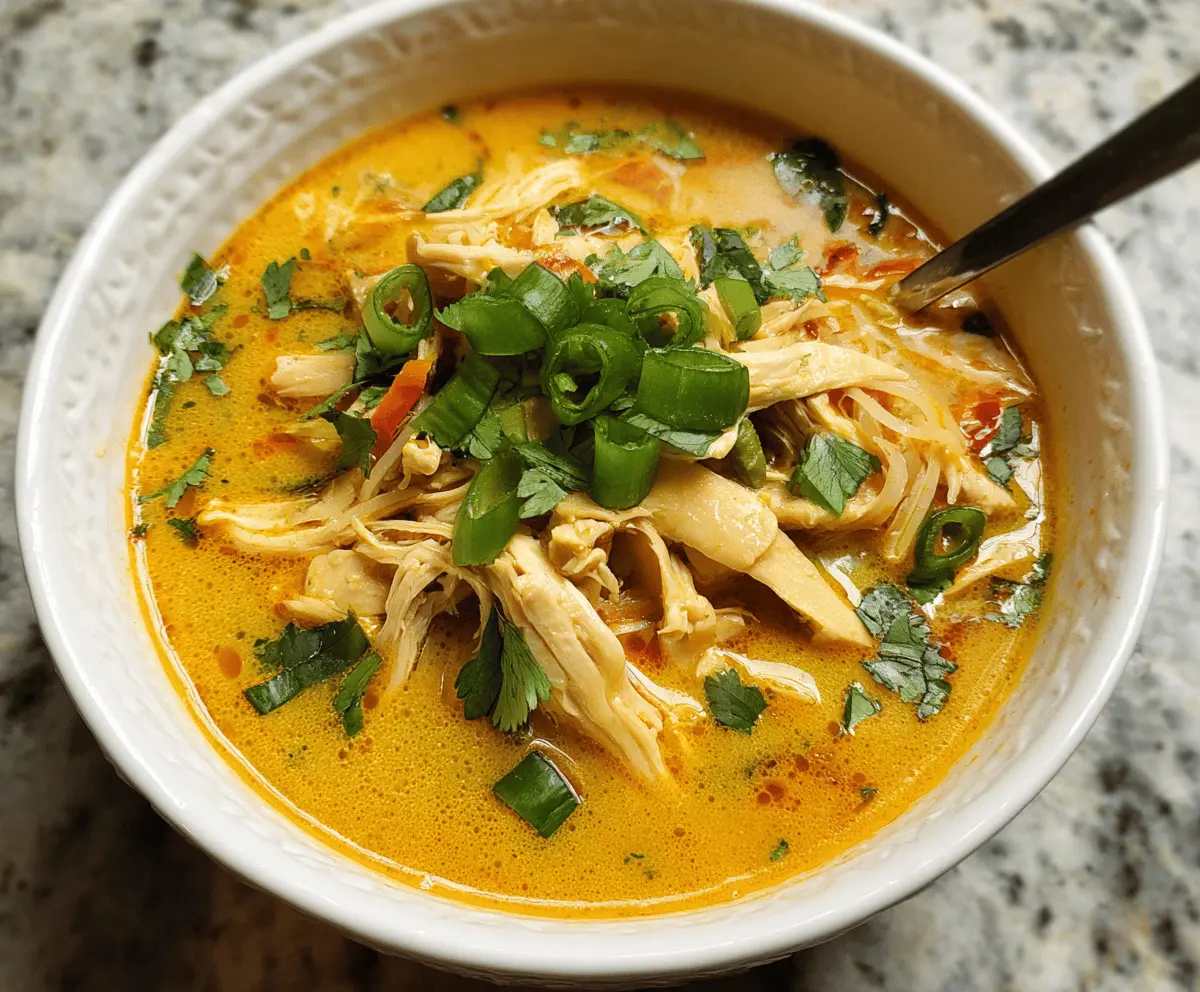 Hearty Thai Curry Chicken Soup in a bowl with fresh herbs and vegetables, showcasing vibrant colors and flavorful ingredients.