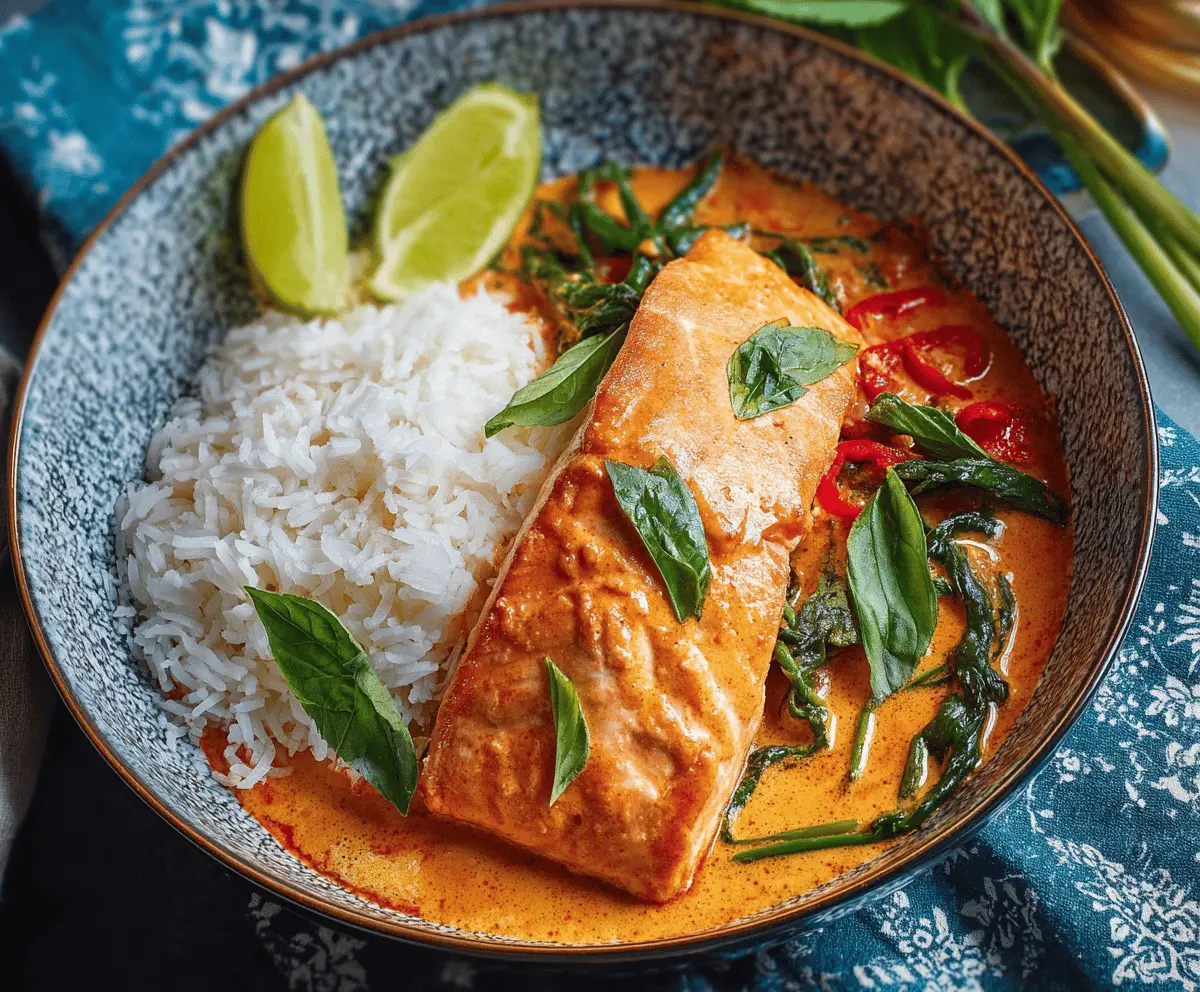 Delicious Thai Red Curry Salmon served with vibrant vegetables and fragrant herbs on a white plate