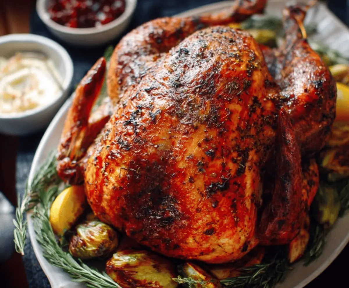 Juicy roasted Thanksgiving turkey with golden-brown skin served on a festive platter.
