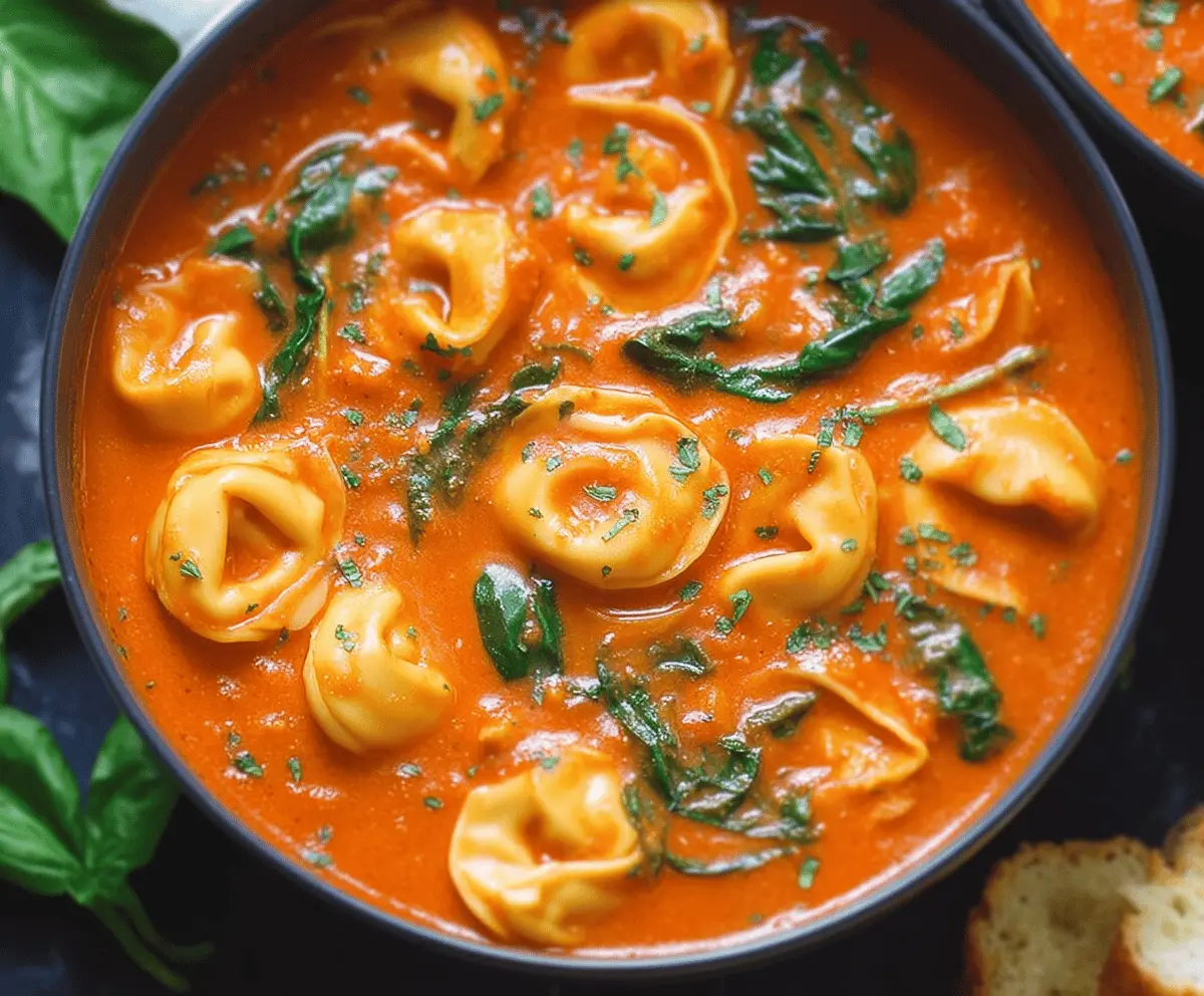 Hearty Tomato Tortellini Soup with fresh basil and grated Parmesan cheese in a bowl, perfect for a comforting meal