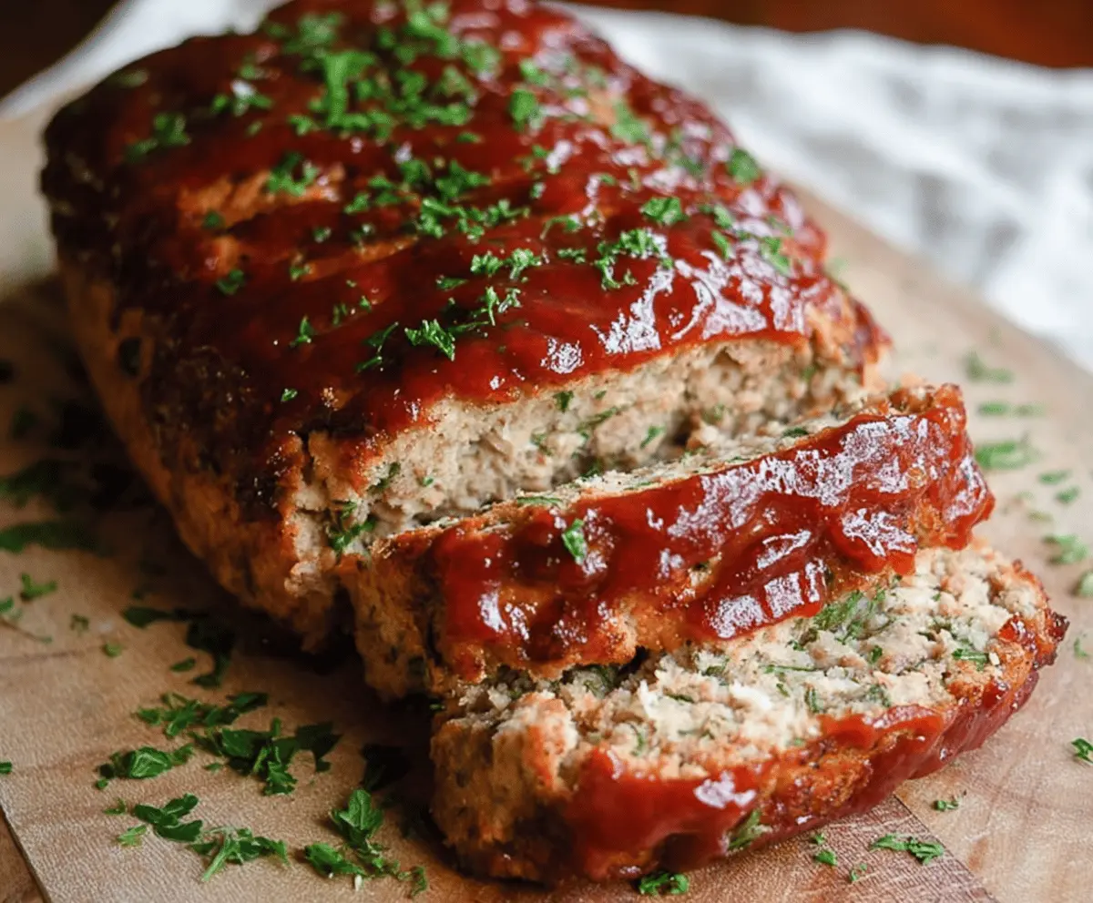 Delicious homemade turkey meatloaf served on a dinner plate with fresh vegetables.