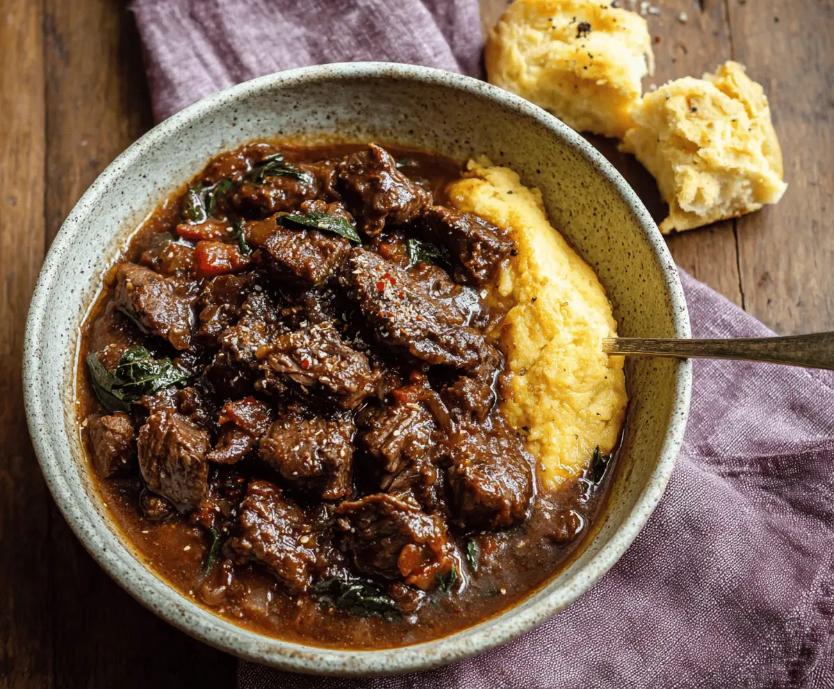 Hearty Tuscan Beef Stew with tender beef chunks, colorful vegetables, and aromatic herbs served in a rustic bowl.