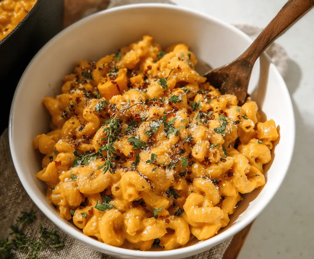 Creamy vegan sweet potato mac and cheese in a bowl, garnished with herbs, served with fresh bread on a rustic wooden table.