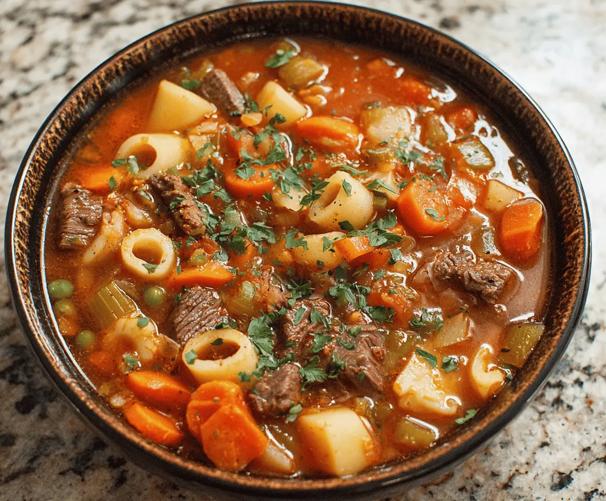 Hearty vegetable beef soup with tender beef chunks, colorful vegetables, and fresh herbs in a bowl