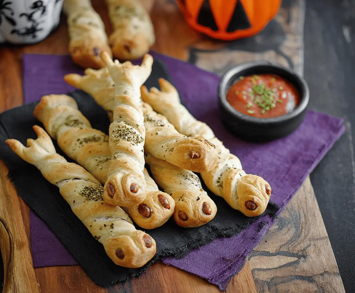 Crispy witch finger breadsticks decorated with almond nails and red pepper lipstick, perfect for Halloween parties