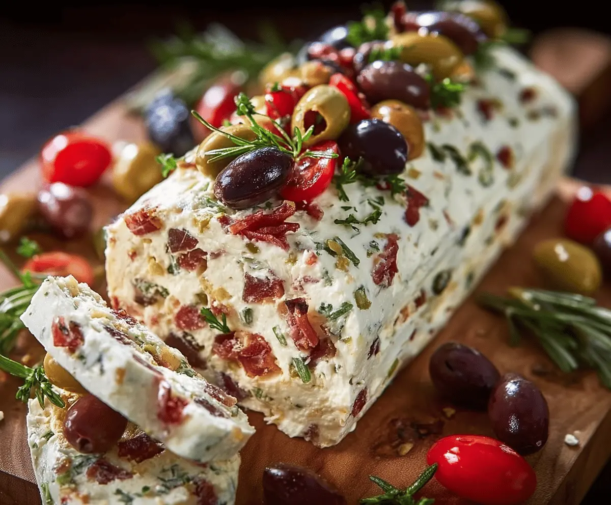 Delicious Antipasto Cream Cheese Log garnished with herbs and olives for an elegant appetizer.