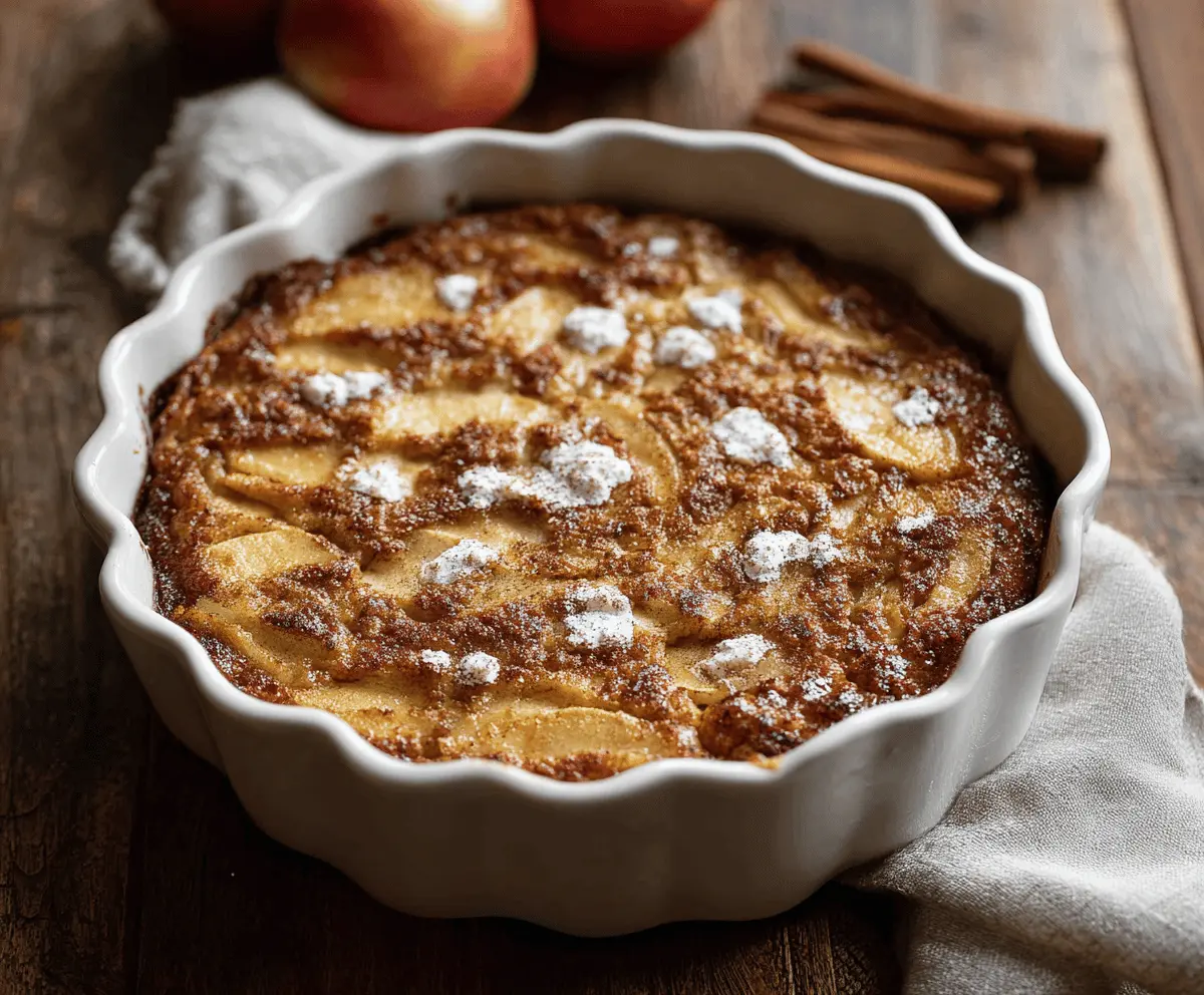 Delicious Apple Cinnamon Cottage Cheese Bake served fresh out of the oven with cinnamon and sliced apples.