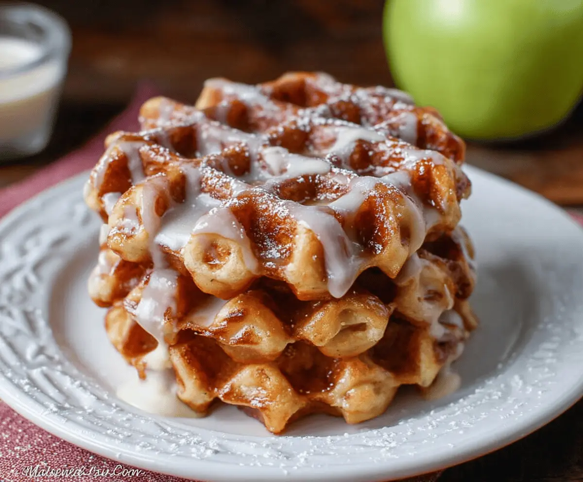 Delicious apple fritter waffle donuts topped with cinnamon sugar and fresh apple slices.