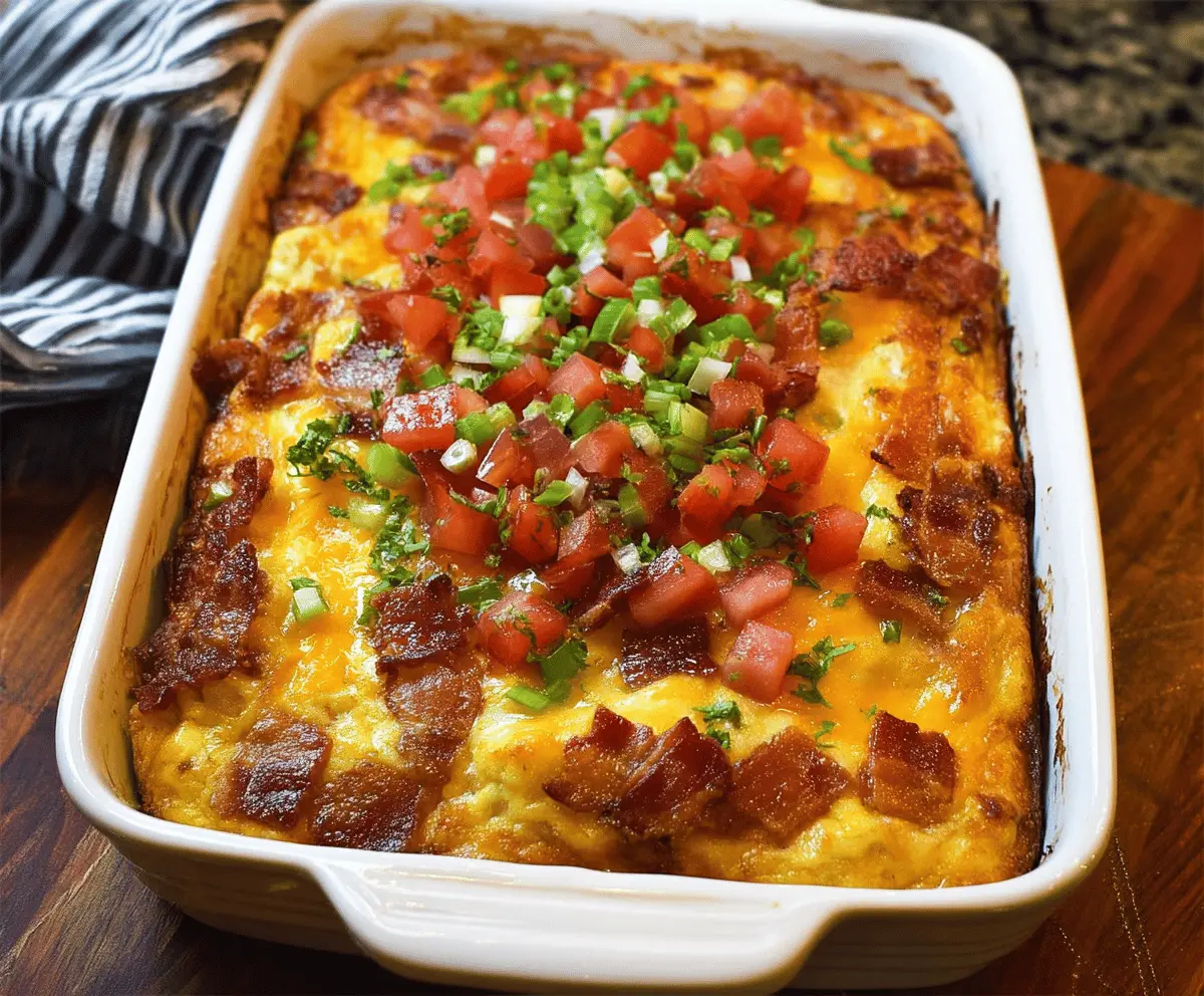 Delicious bacon breakfast casserole with eggs, cheese, and savory toppings ready to serve.